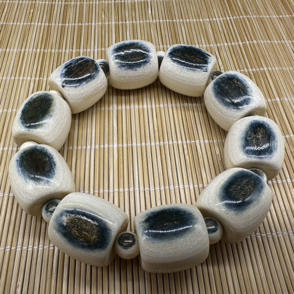 天然猛犸象牙蓝眼睛桶珠手串20mm直径独特蓝皮材质